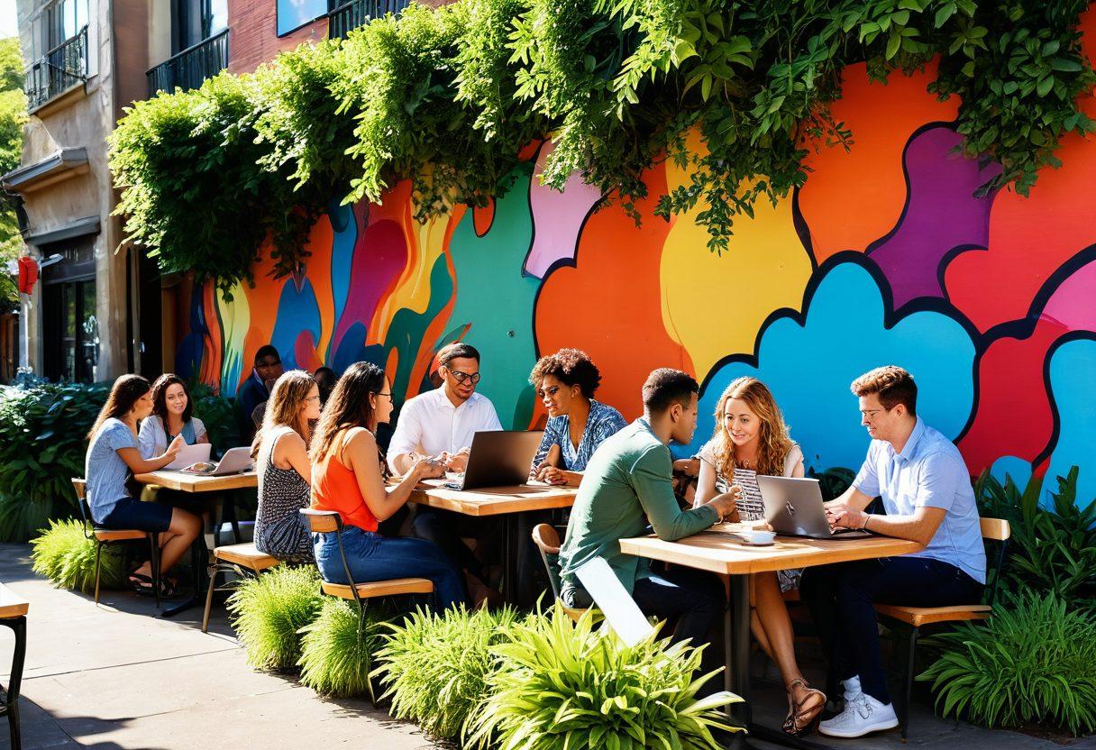 A vibrant, bustling community of diverse individuals sharing ideas through laptops and notebooks in an outdoor cafe, surrounded by lush greenery and artistic murals. Colorful speech bubbles filled with creative thoughts float above their heads, symbolizing the power of collaboration. The scene captures a sense of inspiration and connection, with warm sunlight illuminating the setting. super-realistic. vibrant colors. 3D.