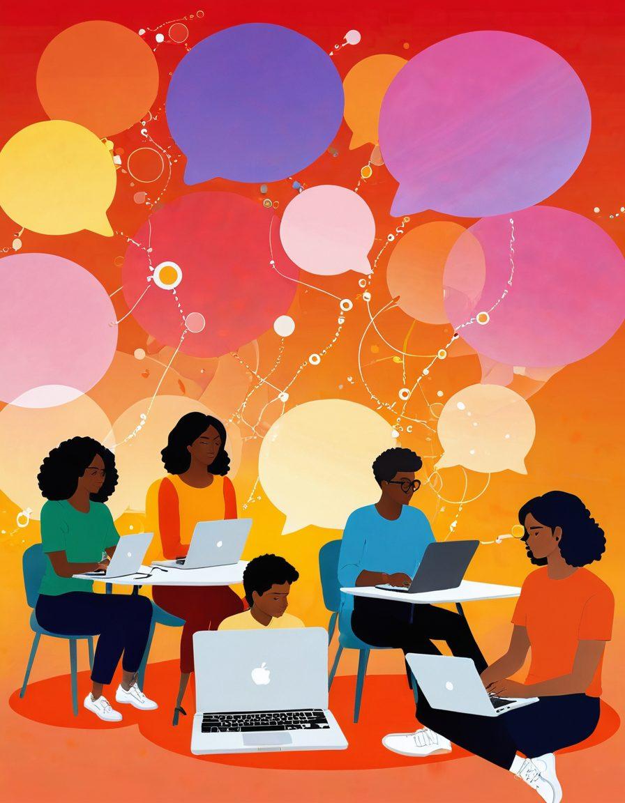A vibrant digital landscape depicting a diverse group of writers collaborating online, surrounded by interconnected content bubbles symbolizing discovery and engagement. Include elements like laptops, chat bubbles, and abstract representations of community. The background should feature a warm color palette to evoke creativity and connection. super-realistic. vibrant colors. 3D.