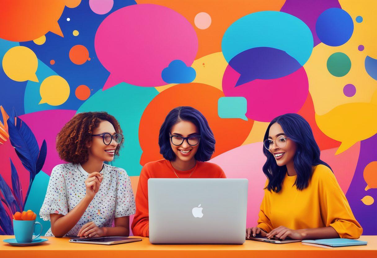 A vibrant digital collage featuring diverse bloggers collaborating in a bustling virtual space. Incorporate elements like laptops, colorful chat bubbles, and lightbulbs to symbolize creativity and connection. Showcase different blogging themes such as travel, food, fashion, and technology to reflect a variety of interests. The background should be infused with energetic colors and abstract patterns, creating a lively and inviting atmosphere. vector art. vibrant colors. dynamic composition.